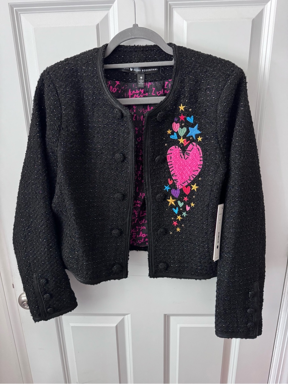 NWT! AQUA X KERRI ROSENTHAL Black Tweed Jacket w/ Pink Heart & Multicolor Stars
